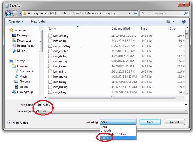 Save your translation for Internet Download Manager in UTF-8 encoding
