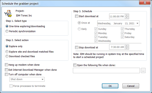 Internet Download Manager Grabber Scheduler dialog